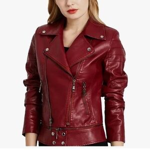 Washed faux Leather Jacket For Women Slim Fit Casual Outdoor PU Leather Coat Sho